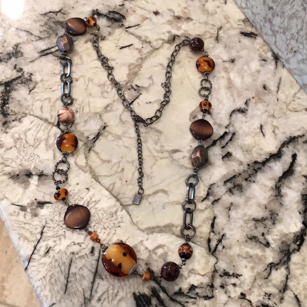 34" BRUSHED PEWTER LINK GLASS BEAD NECKLACE